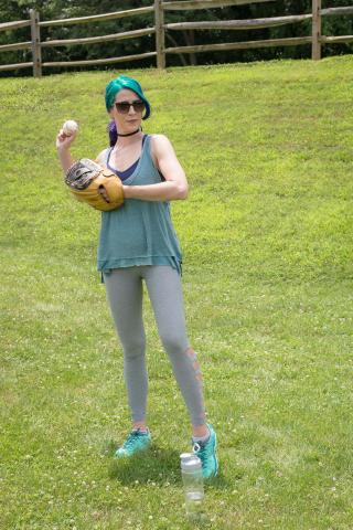 image tagged with gym clothes, sunglasses, field, baseball, outside, …;