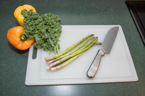 image tagged with leafy greens, knife, bell pepper, kale, cutting board, …;