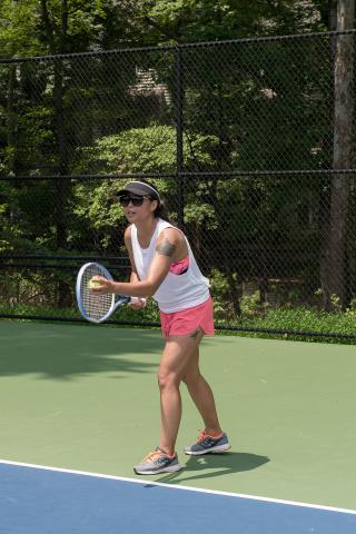 image tagged with sports, serves, visor, court, plays, …;