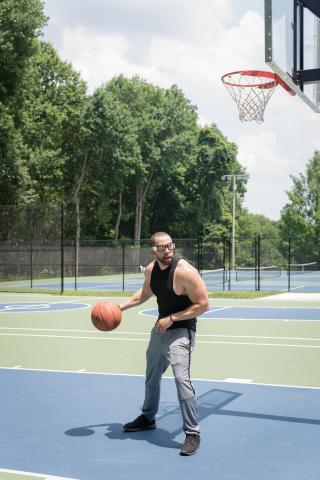 image tagged with hoop, sneakers, glasses, bounce, dribbling, …;