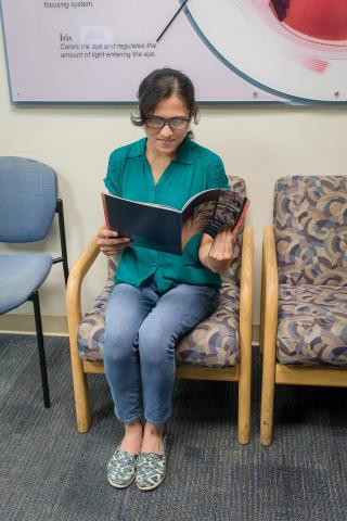 image tagged with sat, waiting room, female, patient, book, …;