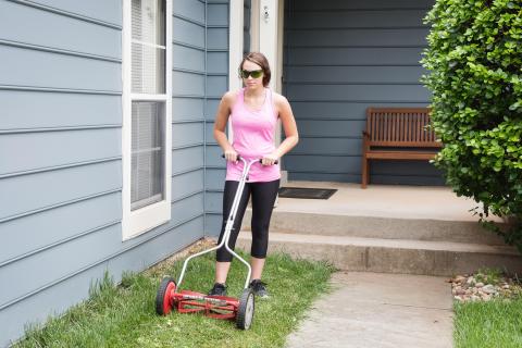 image tagged with woman, garden, lawnmower, glasses, house, …;