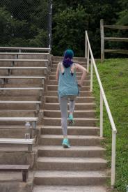 image tagged with gym clothes, park, millennial, woman, stairs, …;