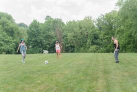 image tagged with field, soccer, play, glasses, friends, …;