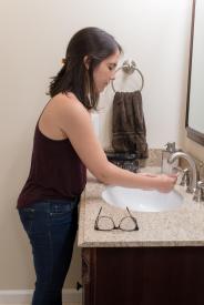 image tagged with vanity, glasses, faucet, washing, towel, …;