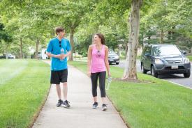 image tagged with man, couple, walk, gym clothes, path, …;