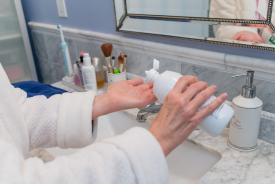 image tagged with contact, solution, pours, hands, cleans, …;