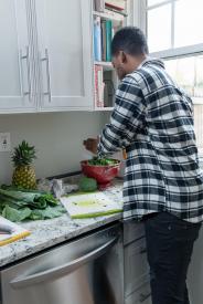 image tagged with pineapple, leafy greens, strainer, lettuce, food prep, …;