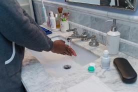 image tagged with soap, hand, sink, glasses, hands, …;