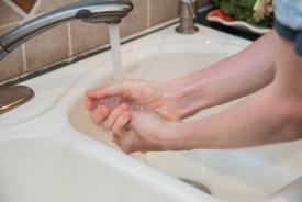 image tagged with washing hands, hands, home, kitchen, caucasian, …;