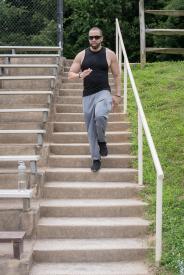 image tagged with sneakers, male, outdoors, stairs, fit, …;