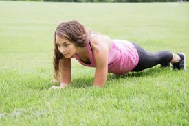 image tagged with physical activity, woman, grass, exercise, shoes, …;