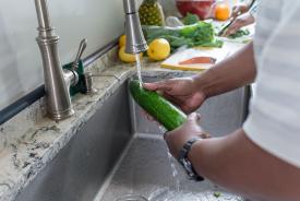 image tagged with faucet, vegetable, food prep, zucchini, washing, …;