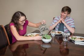 image tagged with smile, meal, woman, male, bowl, …;