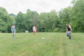 image tagged with friends, outside, ball, young, play, …;