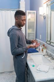image tagged with pours, african-american, man, bathroom, male, …;
