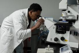 image tagged with microscope, lab coat, african-american, lab, fellowship, …;