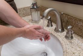 image tagged with sink, hand, hands, vanity, soap, …;