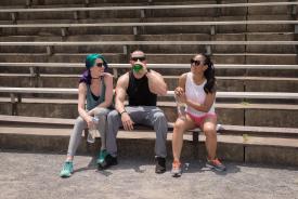image tagged with exercise, sneakers, sitting, talking, latinx, …;