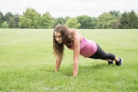 image tagged with girl, pushup, bodyweight, exercise, outdoors, …;