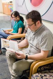 image tagged with patient, waiting room, boy, female, reading, …;