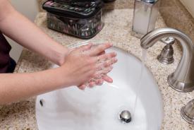 image tagged with restroom, faucet, running water, hands, soap, …;