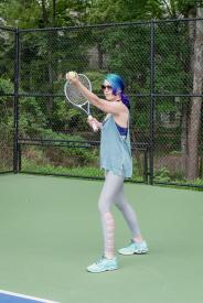 image tagged with plays, racket, lady, outdoors, court, …;