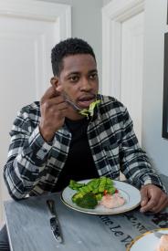 image tagged with millennial, knife, man, fork, leafy greens, …;