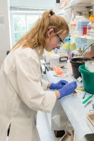 image tagged with gloves, scientist, glasses, woman, lady, …;