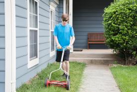 image tagged with glasses, athletic, lawnmower, boy, yard-work, …;