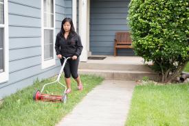 image tagged with latina, gardening, girl, yard-work, lawnmower, …;