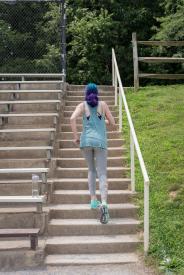 image tagged with outdoors, stairs, shoe, going, gym clothes, …;