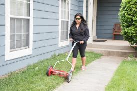 image tagged with walk, female, latina, mows, safety glasses, …;