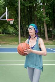 image tagged with glasses, exercises, ball, woman, bouncing, …;