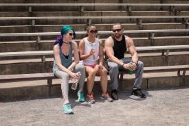 image tagged with exercise, talk, latinx, bench, glasses, …;